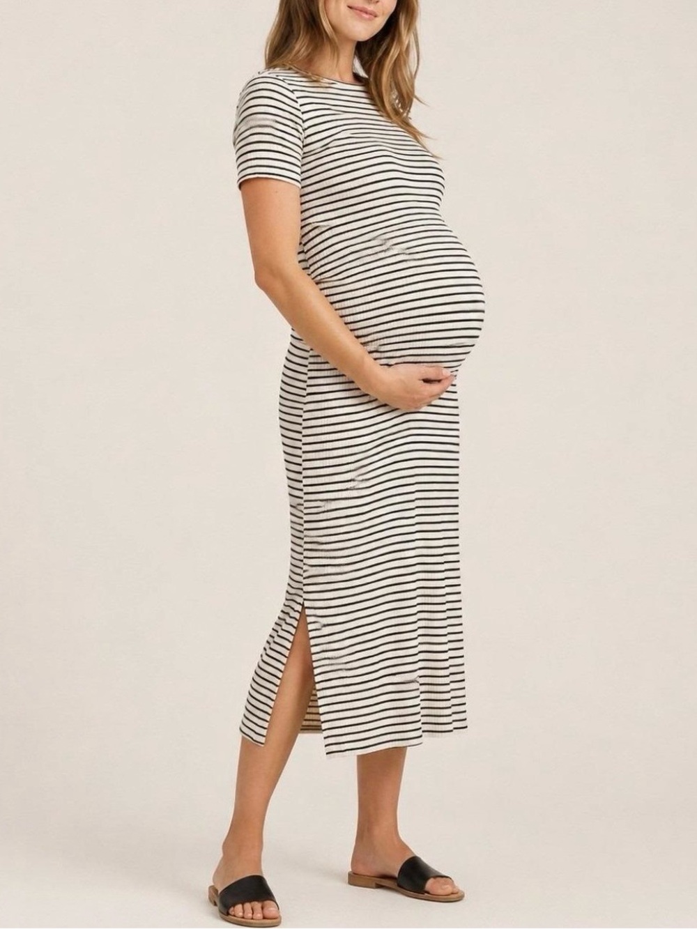 Isabel Maternity Black and White Striped Maternity Midi Dress